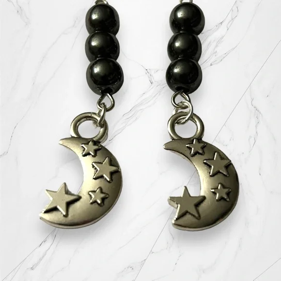 Hand Crafted Earrings Hematite Moon & Star Dangle Pierced Silver Gray Grey - Picture 3 of 9